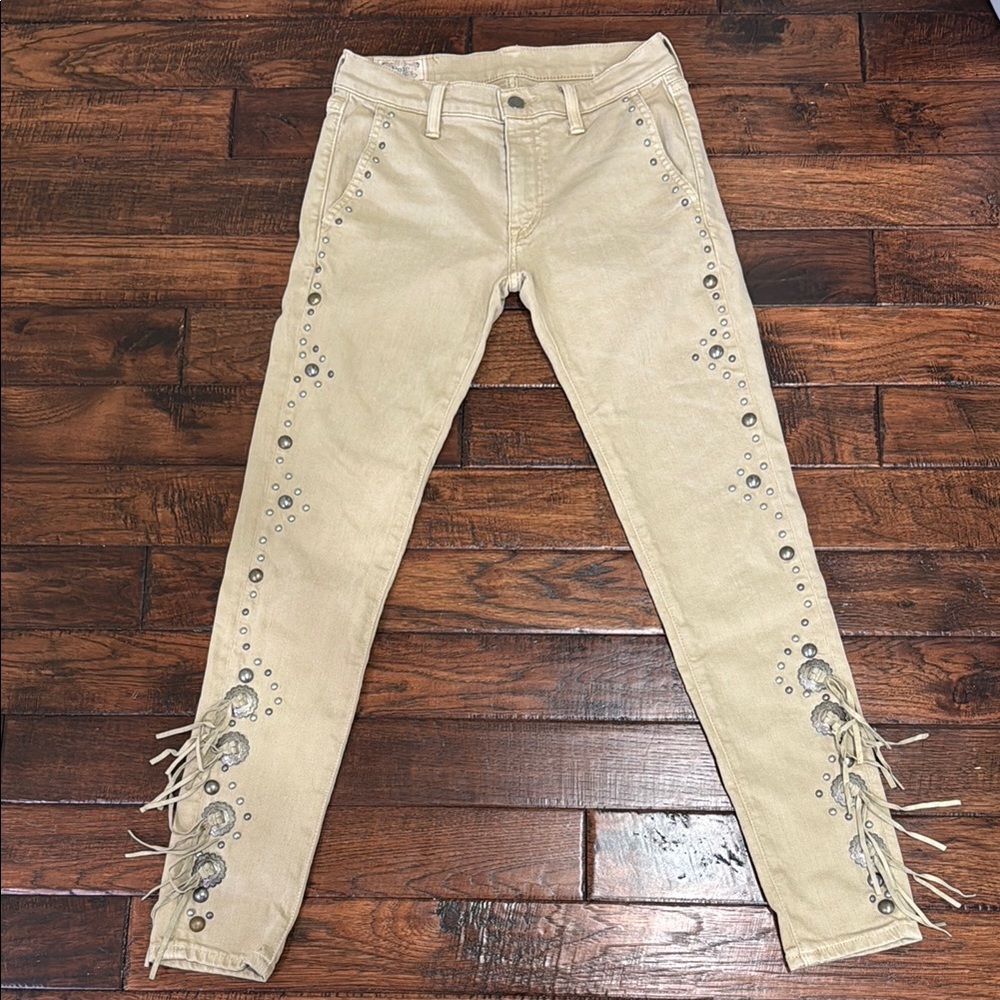 Ralph Lauren Cowboy Beige Skinny Jeans with Studs & Fringe